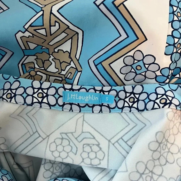 J. McLaughlin Long Tunic Blouse Blue Tan Small Geometric Floral - Picture 6 of 7